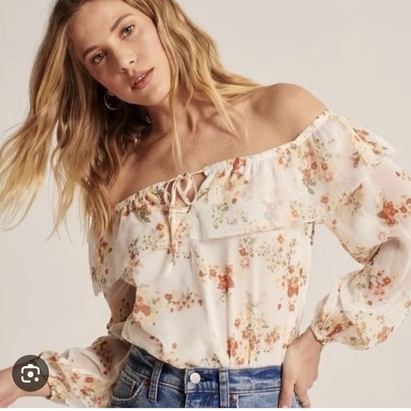 Abercrombie & Fitch Tops - Abercrombie & Fitch Floral Off-Shoulder Top Bodysuit Chiffon Cream Orange Small